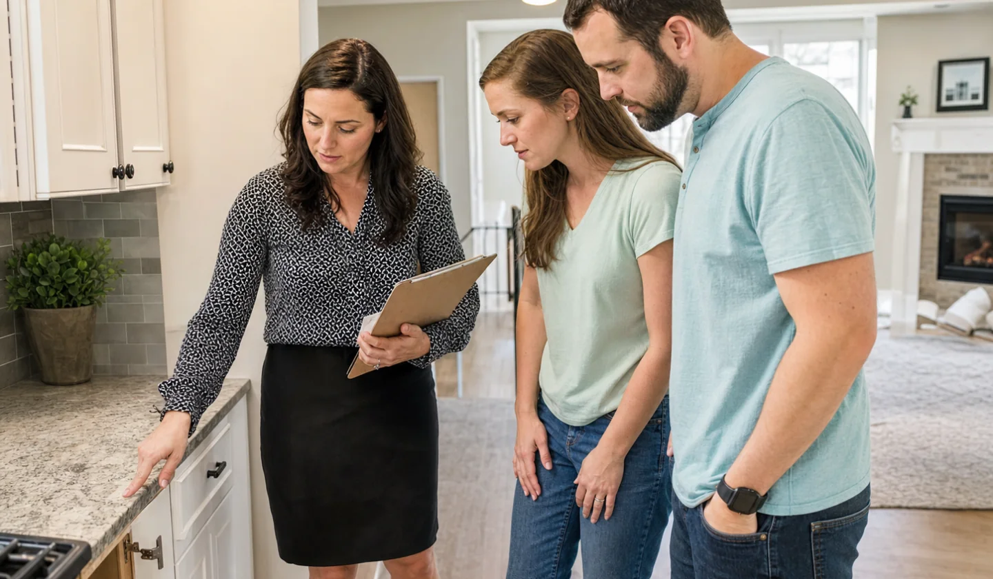 Realtor Introductions service area photo for Jackson, TN. Real estate professional helping first-time buyers examine a home and inspection notes.