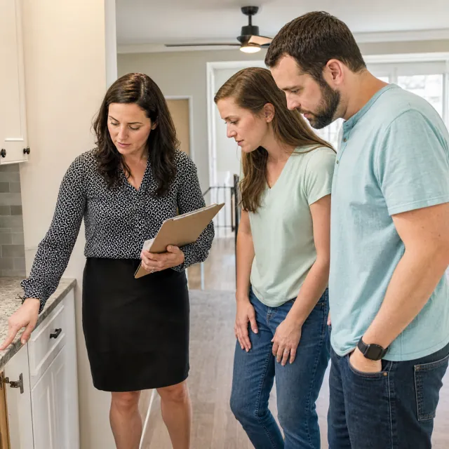 First-Time Buyer Agent service photo. Real estate professional helping first-time buyers examine a home and inspection notes.