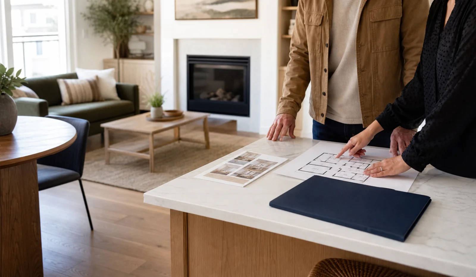 Real estate professional and client reviewing a floor plan inside a bright home.