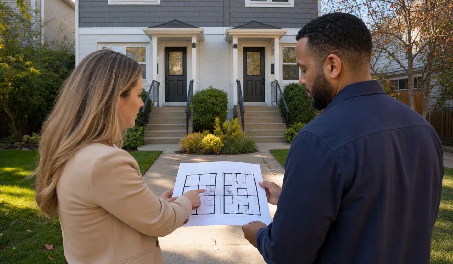 Realtor Introductions service area photo for Temple, TX. Real estate professional and client reviewing a small duplex and its floor plan.