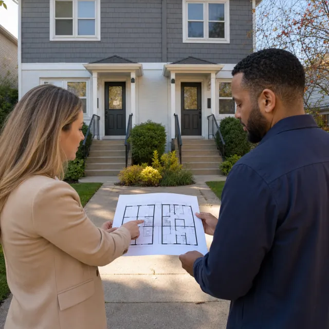 Investment Property Agent service photo. Real estate professional and client reviewing a small duplex and its floor plan.