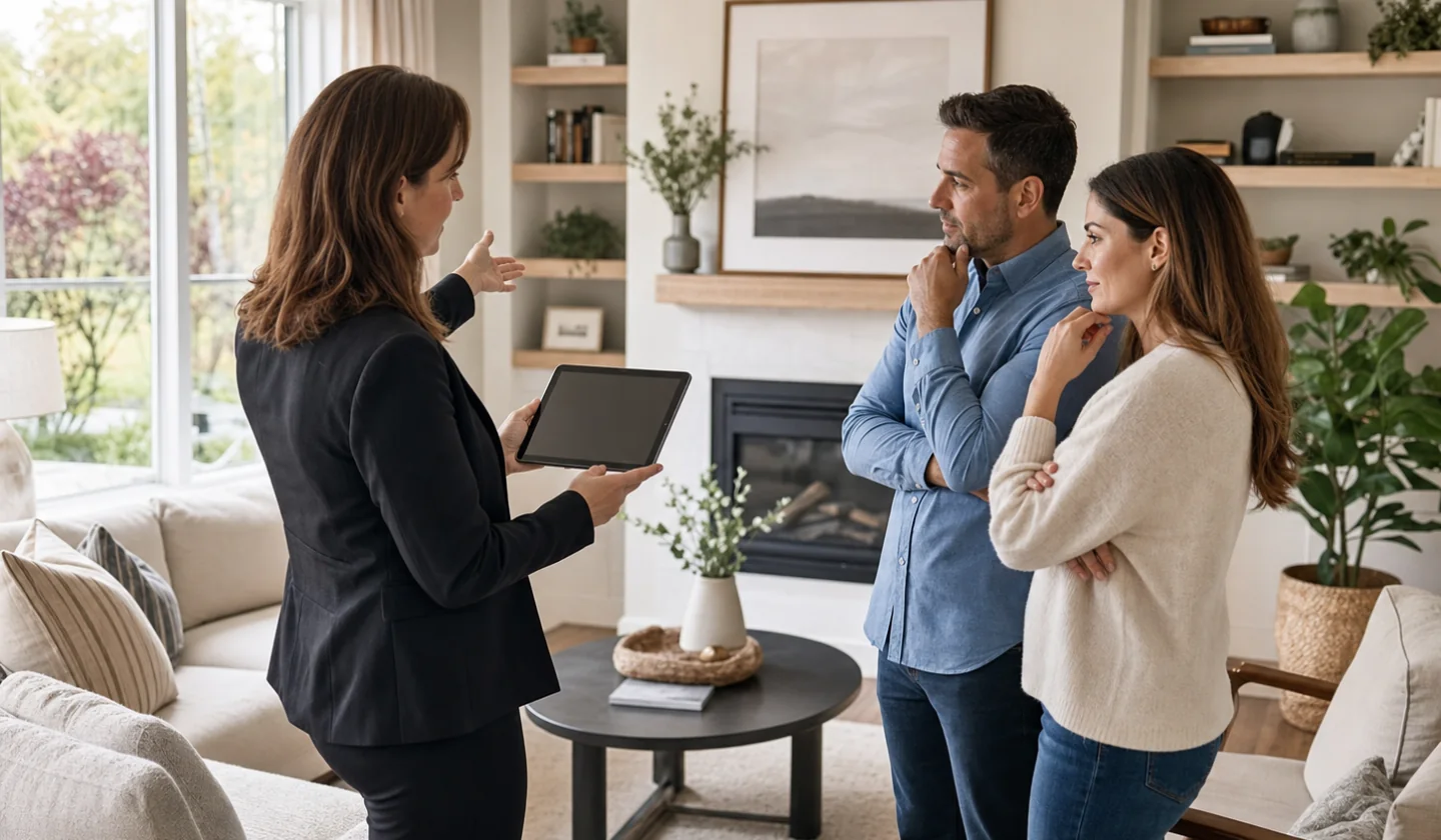 Realtor Introductions service area photo for Longview, TX. Real estate professional and homeowners reviewing a staged living room and property plan.