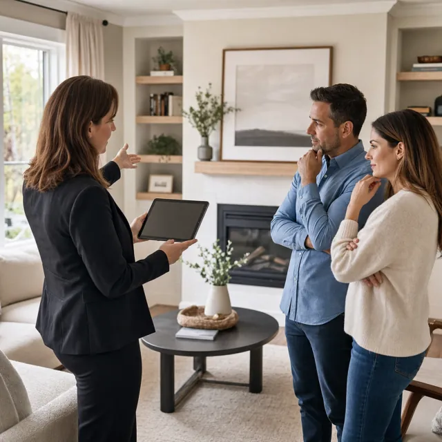 Listing Agent Introduction service photo. Real estate professional and homeowners reviewing a staged living room and property plan.